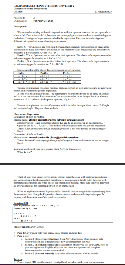 IN JAVA. There will be four java source files: Expression.java, ExpressionTest.java, StackInterface.java,