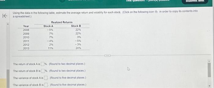  Using the data in the followng table, estimate the average retum