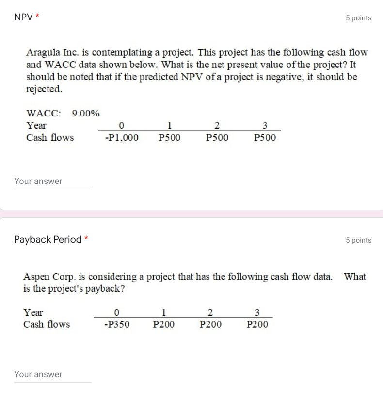 NPV * 5 points Aragula Inc. is contemplating a project. This