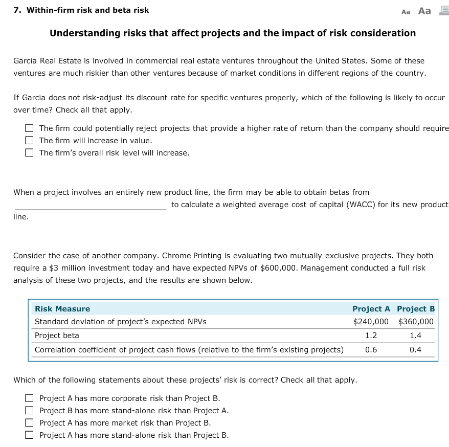 7. Within-firm risk and beta risk Aa Aa Understanding risks that
