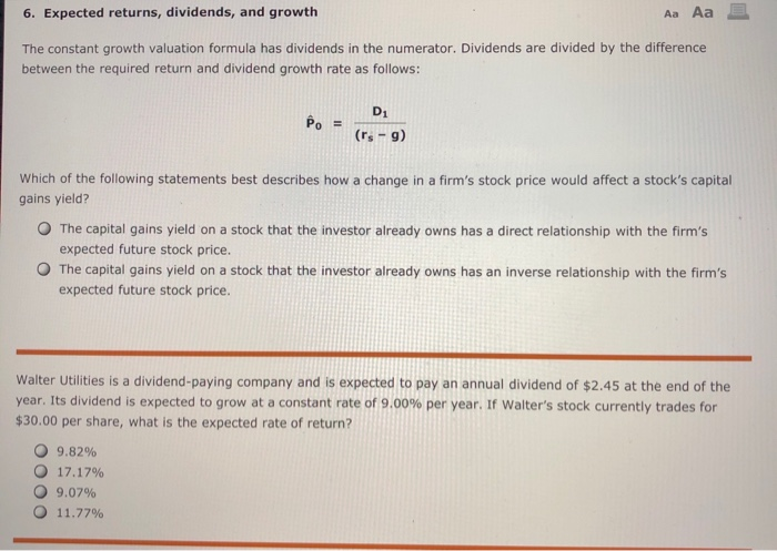  6. Expected returns, dividends, and growth Aa Aa E The constant