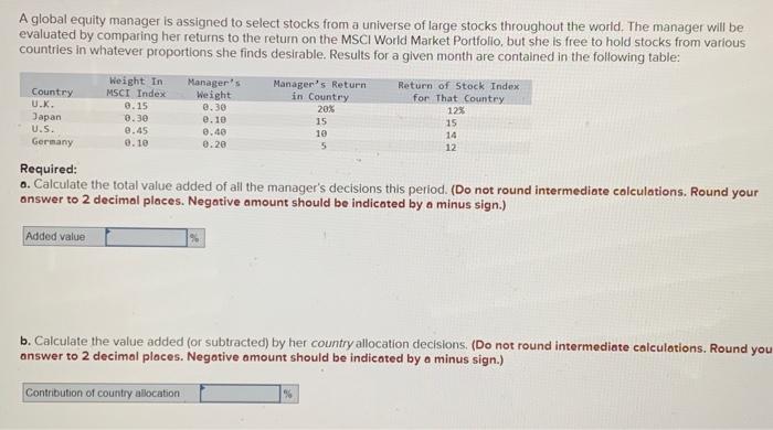  A global equity manager is assigned to select stocks from a