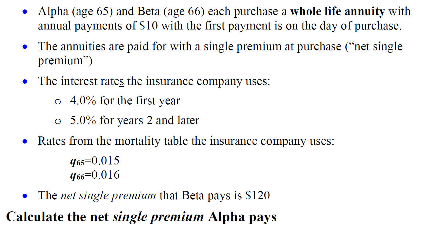  Alpha (age 65) and Beta (age 66) each purchase a whole