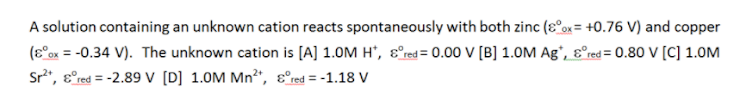 A solution containing an unknown cation reacts spontaneously with both zinc