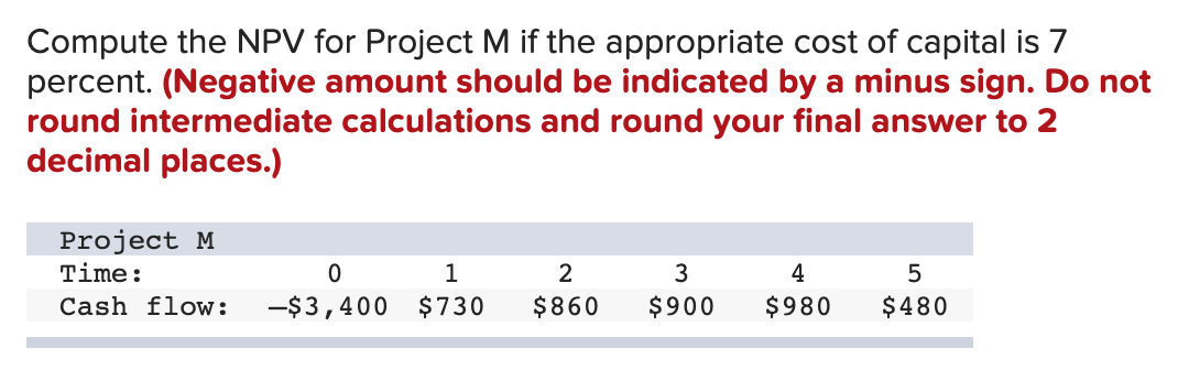 Compute the NPV for Project M if the appropriate cost of