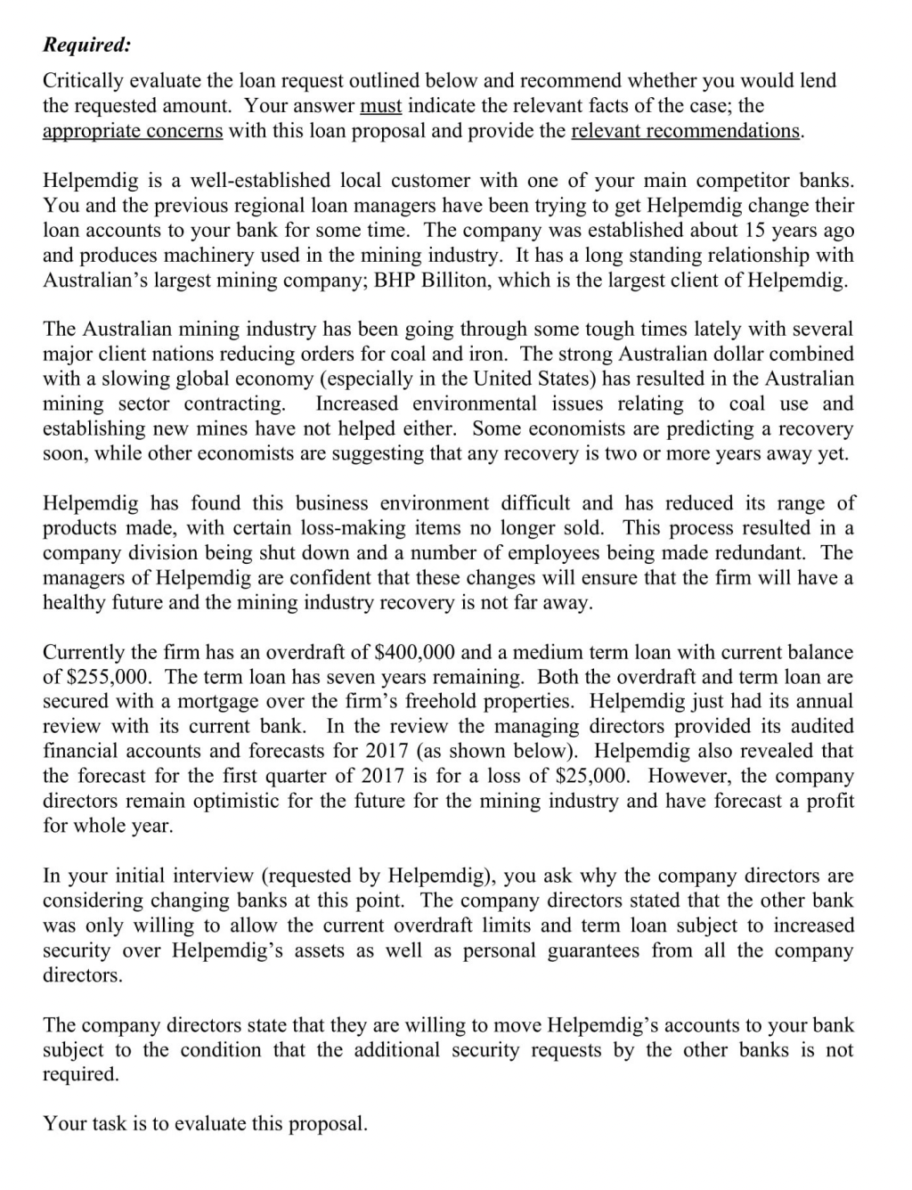 Required: Critically evaluate the loan request outlined below and recommend whether