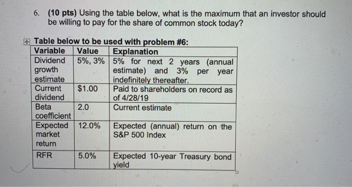  (10 pts) Using the table below, what is the maximum that
