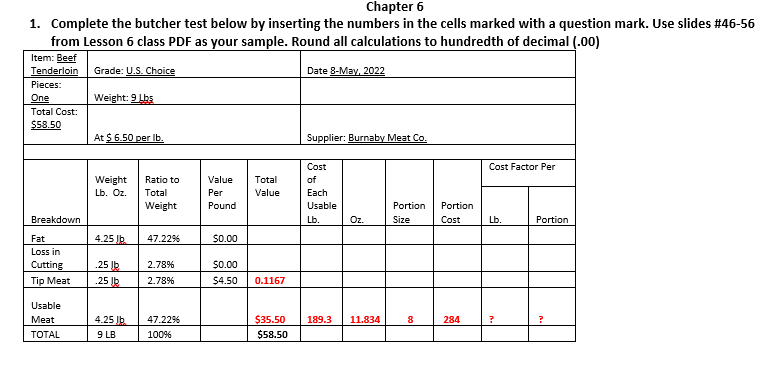 Chapter 6 1. Complete the butcher test below by inserting the
