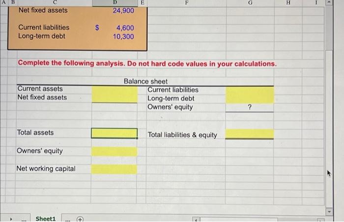 $5,300, net fixed assets of $24,900, current liabilities of $4,600, and long-term