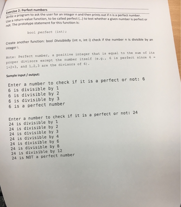  solve it in c++ Exercise 2: Perfect numbers it a program