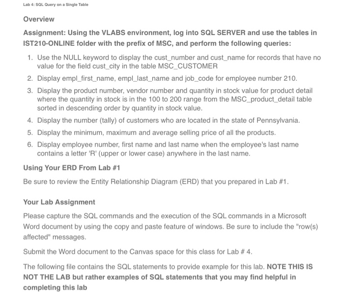  Lab 4: SQL Query on a Single Table Overview Assignment: Using