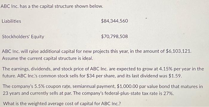 solve. ABC Inc. has a the capital structure shown below. ABC Inc.