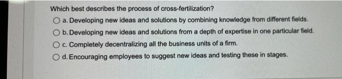  Which best describes the process of cross-fertilization? O a. Developing new