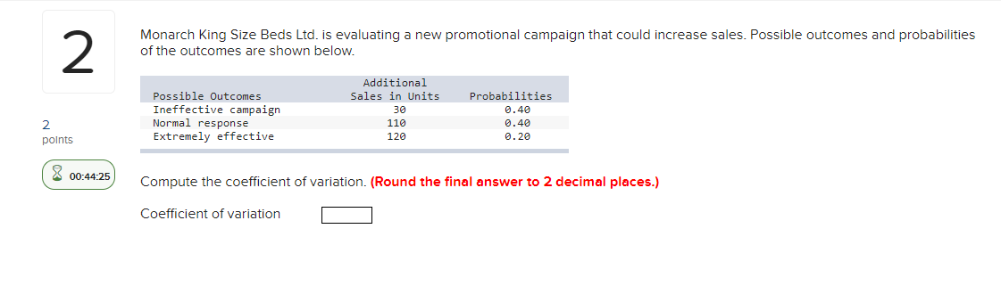  2 Monarch King Size Beds Ltd. is evaluating a new promotional