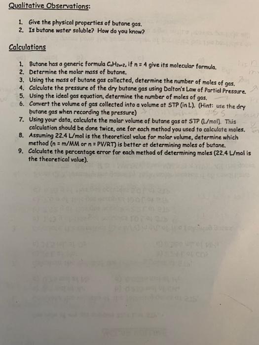 calculations 1-9 based on the observations in the table. Procedure: 1. Put