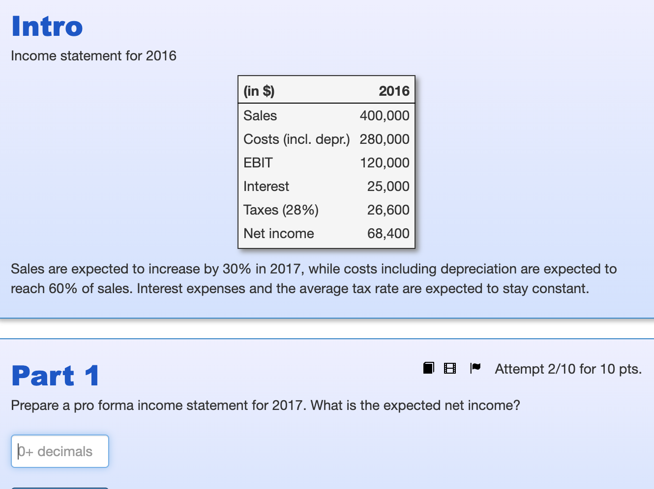  Income statement for 2016 Sales are expected to increase by 30%