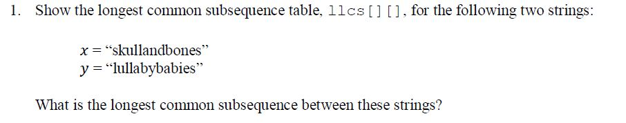  Show the longest common subsequence table, 11cs [] [], for the