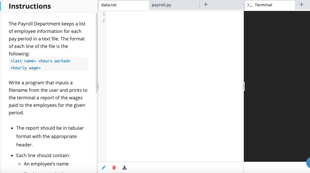  python Instructions data.txt payroll.py + >_ Terminal + 1 2. The