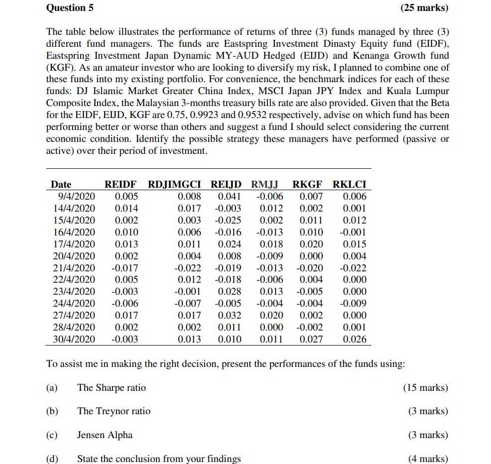  Question 5 (25 marks) The table below illustrates the performance of