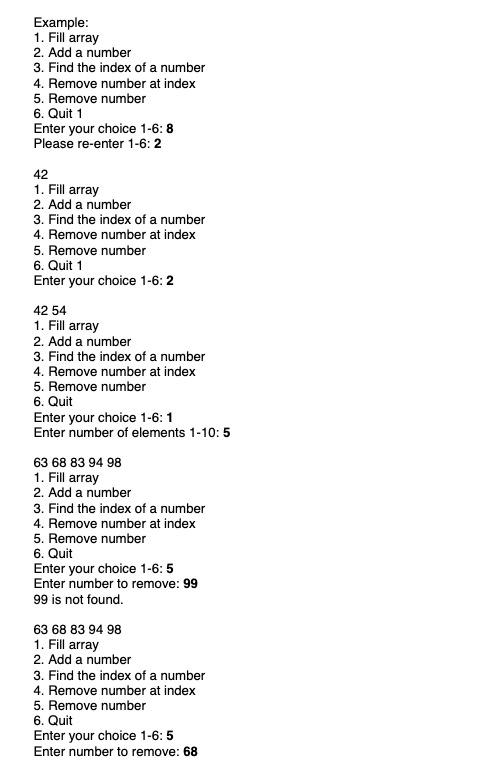 2. Add a number 3.Find the index of a number 4. Remove