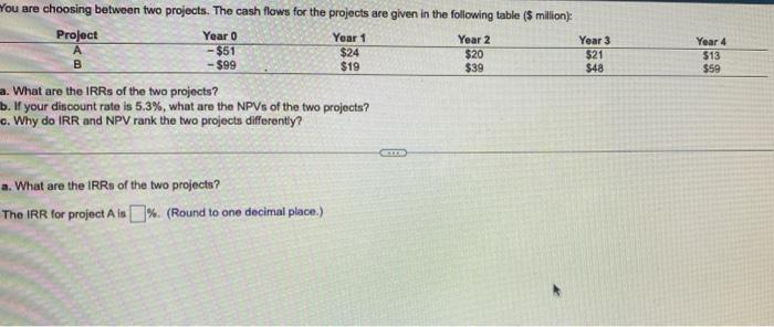  You are choosing between two projects. The cash flows for the