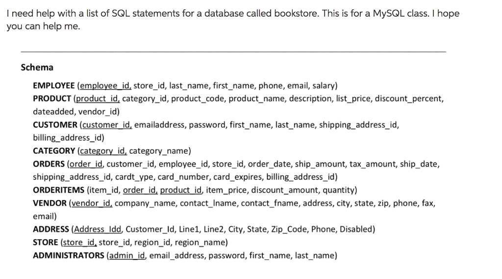 SQL I need help with a list of SQL statements for a