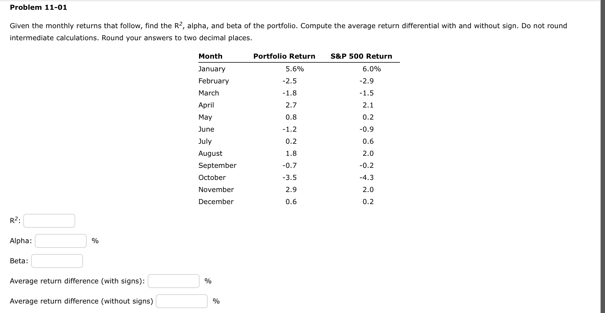  Problem 11-01 Given the monthly returns that follow, find the R2,