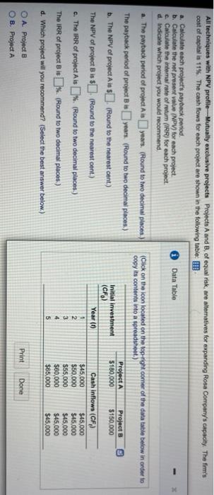 please help All techniques with NPV profile - Mutually exclusive projects Projects