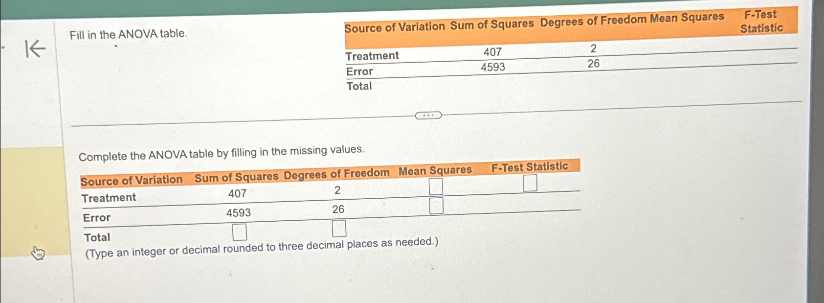  Fill in the ANOVA table. \table[[Source of V,of Squ,Dearees of Freedom