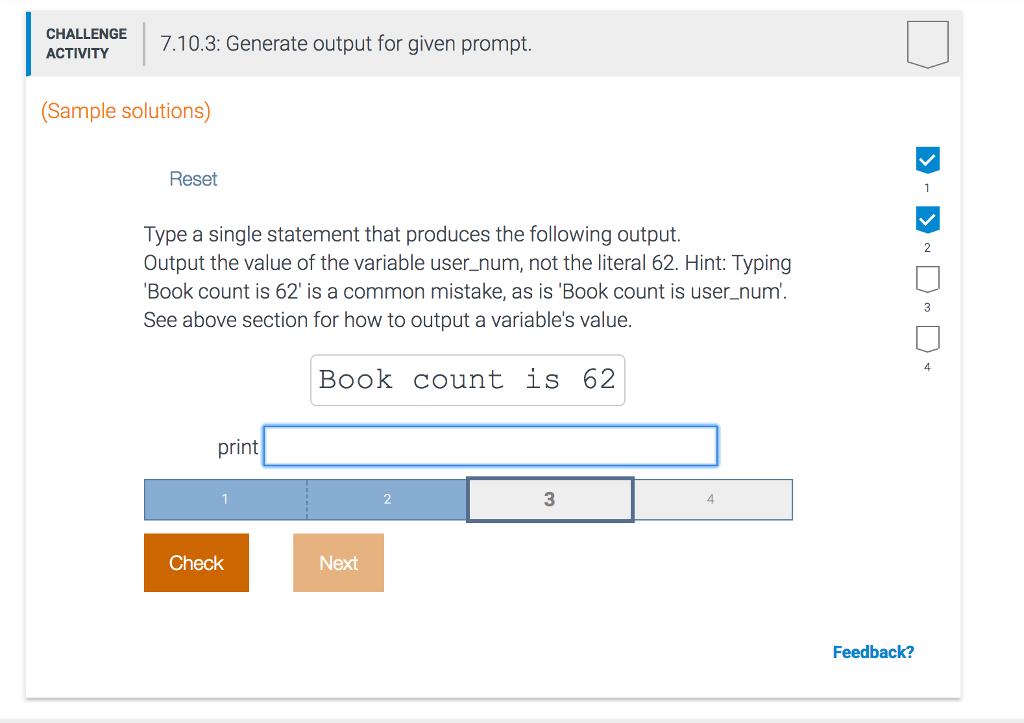CGI.0.3: Generate output for given prompt. CHALLENGE ACTIVITY Sample solutions) Reset
