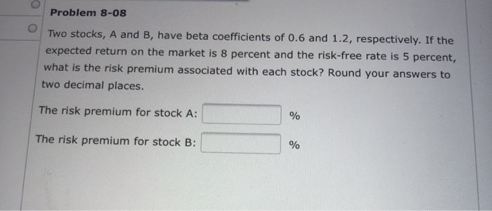  Problem 8-08 Two stocks, A and B, have beta coefficients of