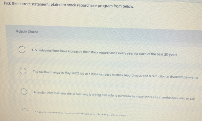  Pick the correct statement related to stock repurchase program from below