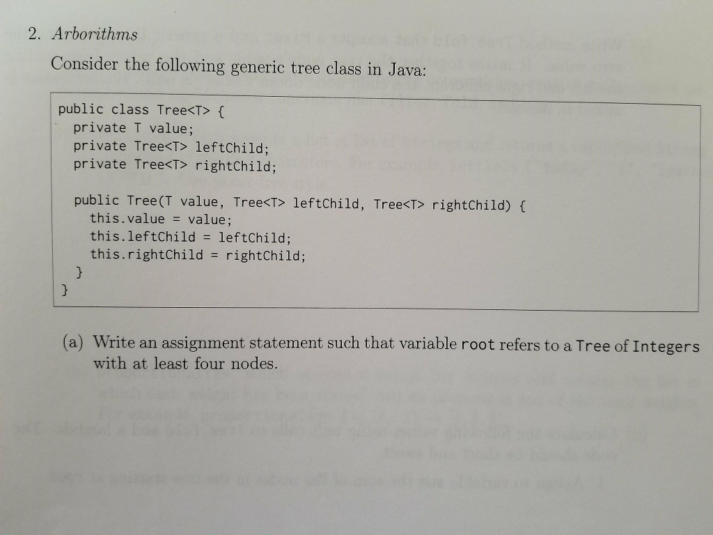 Consider the following generic tree class in Java..... (a) Write an assignment