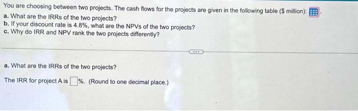  You are choosing between two projects. The cash flows for the