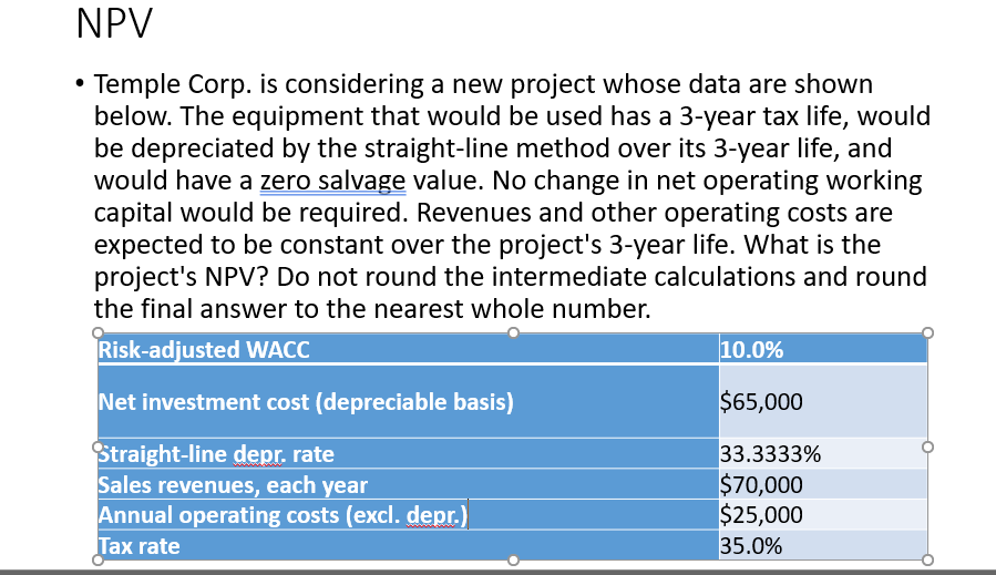  NPV Temple Corp. is considering a new project whose data are