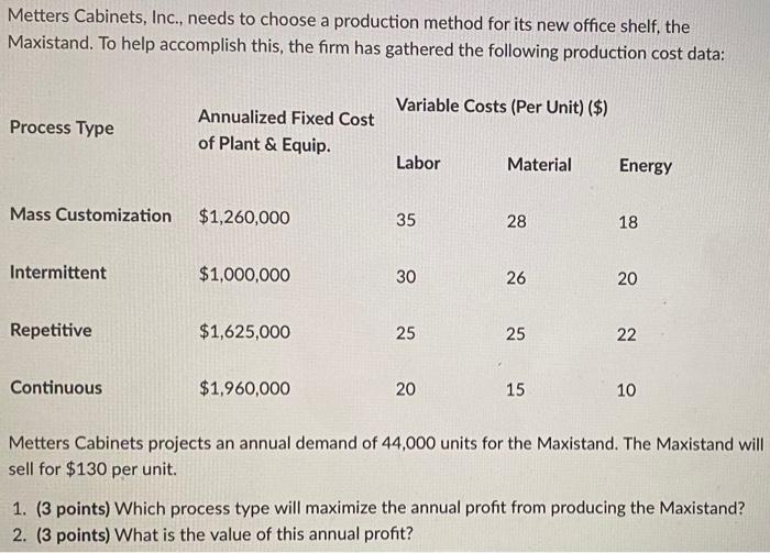 please solve using Excel OM Metters Cabinets, Inc., needs to choose a