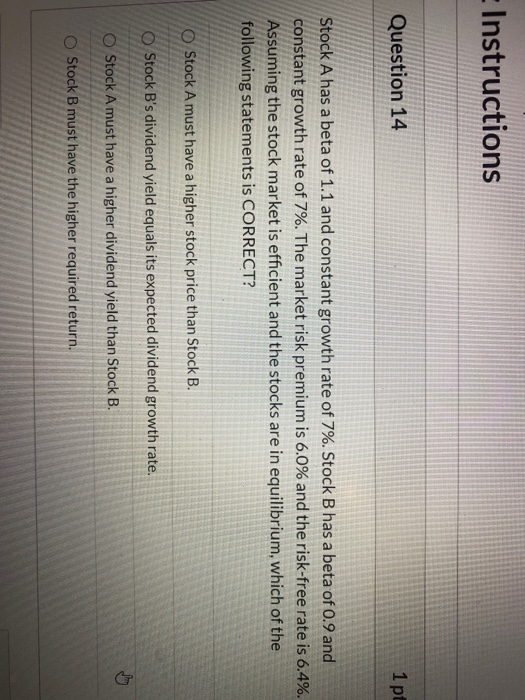  - Instructions Question 14 1 pt Stock A has a beta