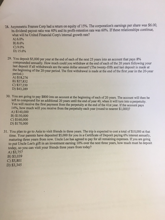  just write answers. No need for solutions. 28, Asymmetric Frames Corp