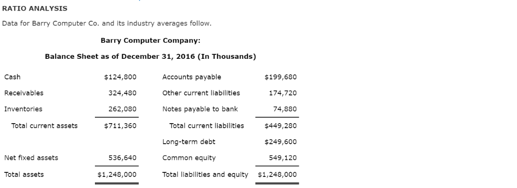  RATIO ANALYSIS Data for Barry Computer Co. and its industry averages