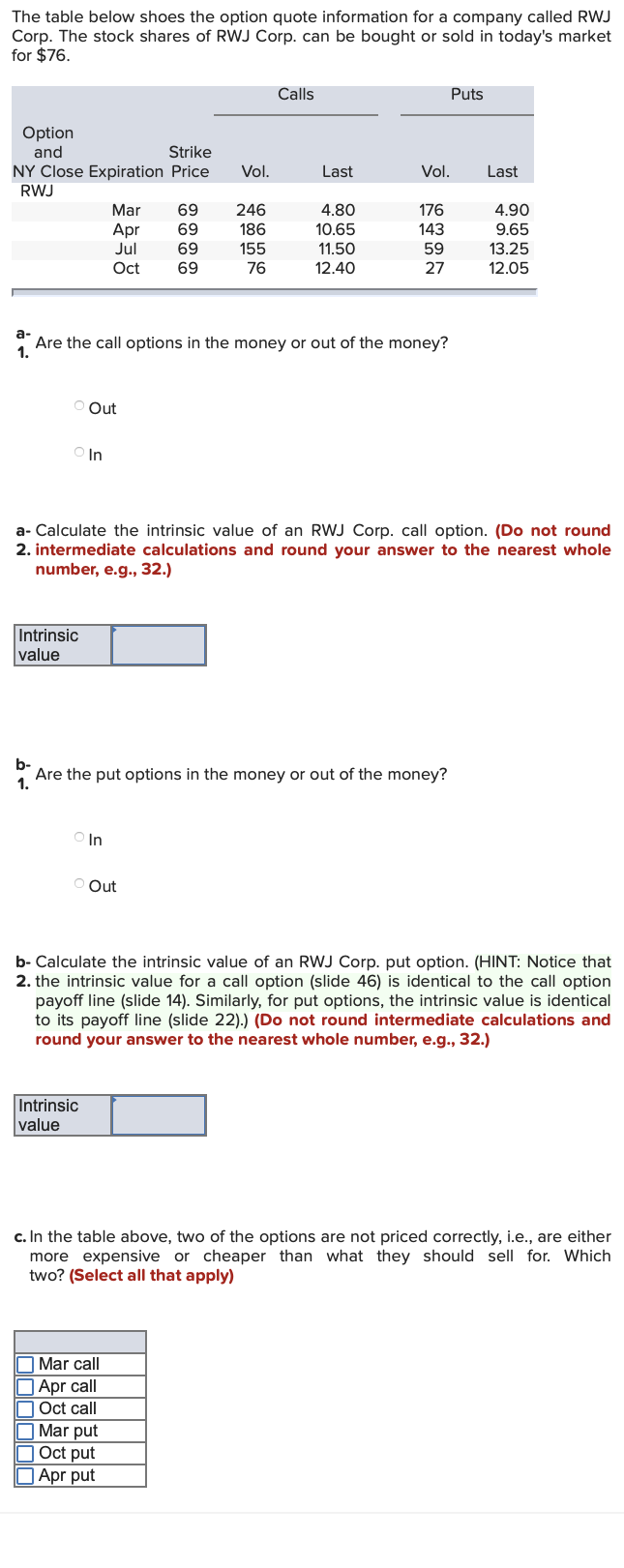 The table below shoes the option quote information for a company