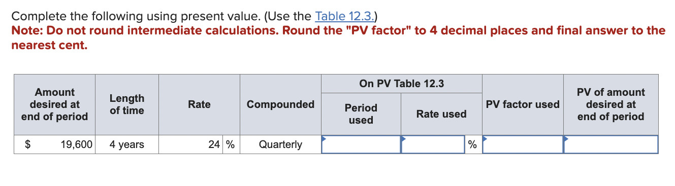 Complete the following using present value. (Use the Table 12.3.) Note:
