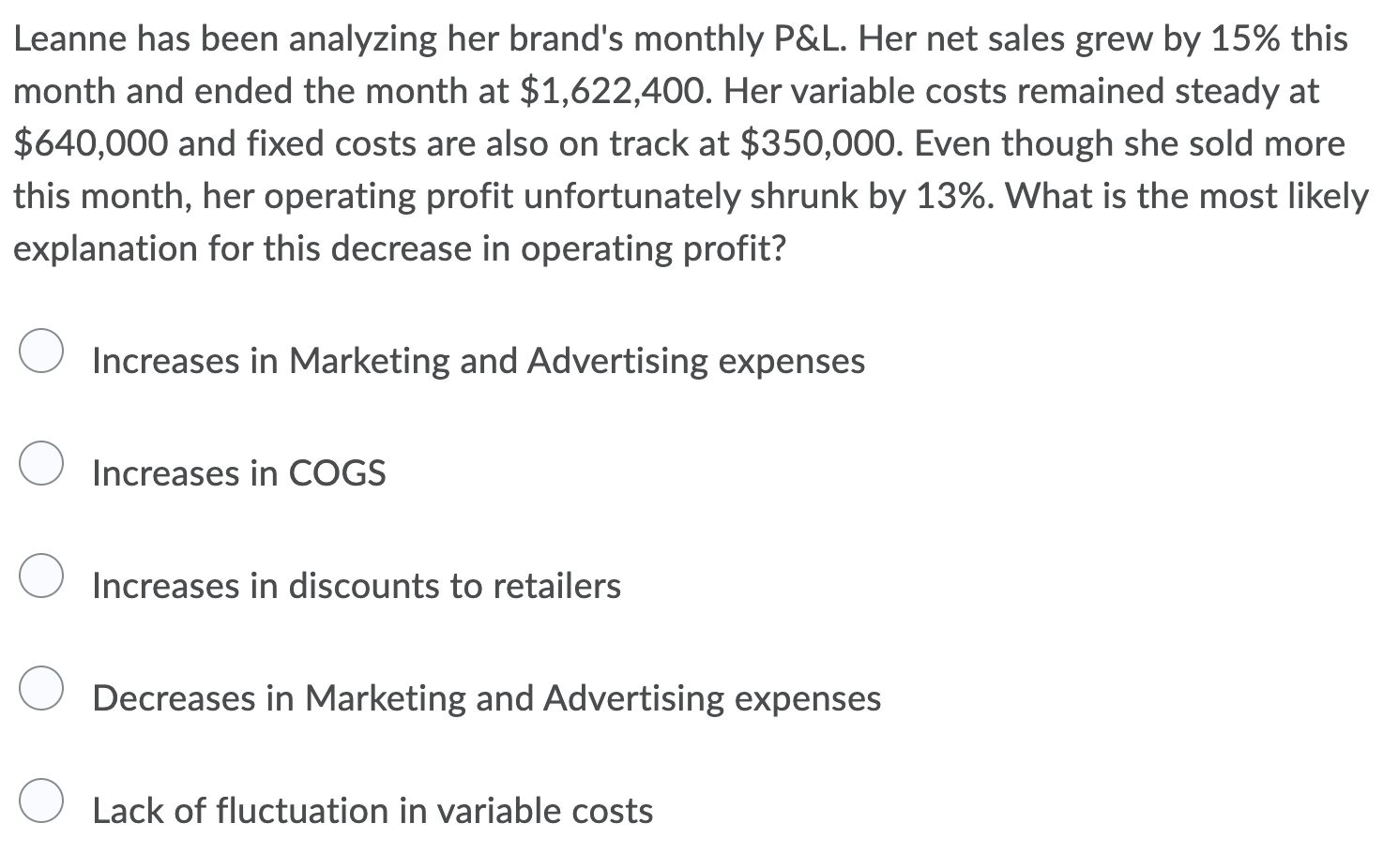 answer this! Leanne has been analyzing her brand's monthly P&L. Her net