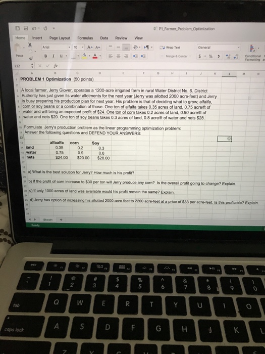  d P1 Farmer Problem Optimization Home Insert Page Layout Formulas Data