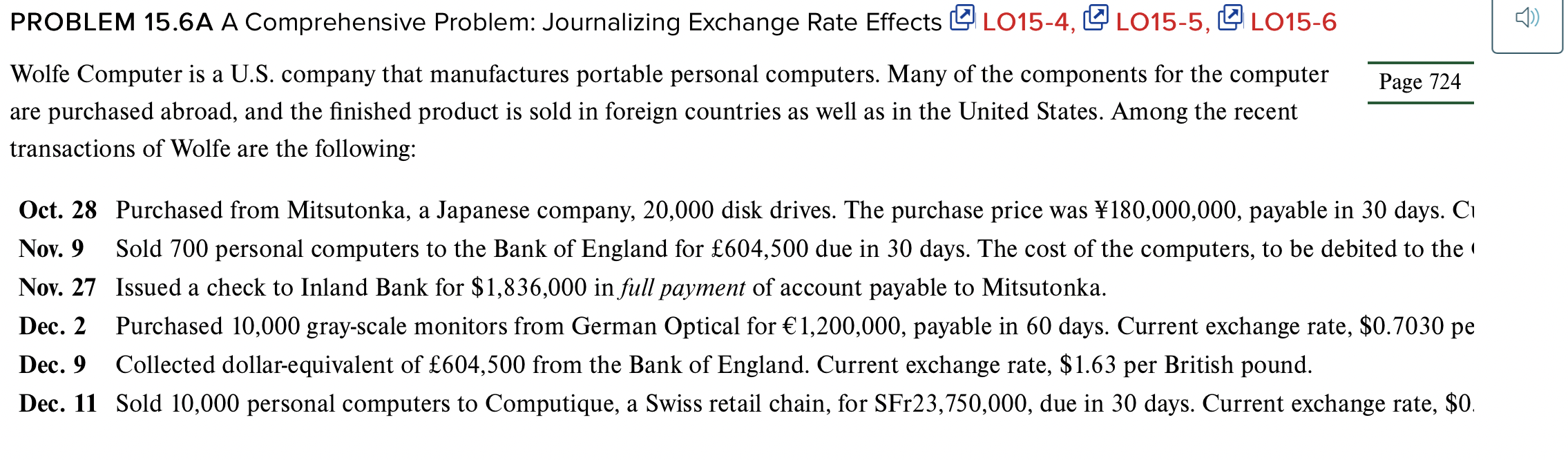 PROBLEM 15.6A A Comprehensive Problem: Journalizing Exchange Rate Effects L015-4, QL015-5,