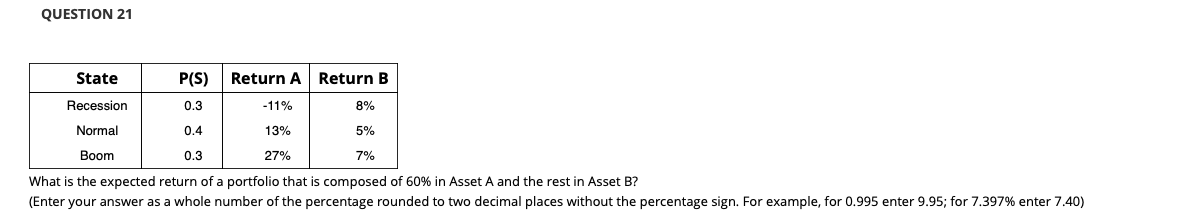  QUESTION 21 State P(S) Return A Return B 0.3 -11% 8%