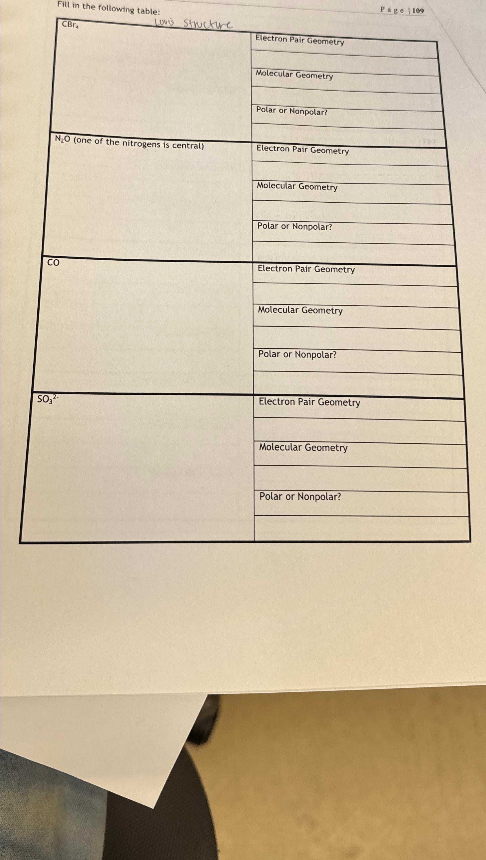  Fill in the following table: P a g e 109 CBr4