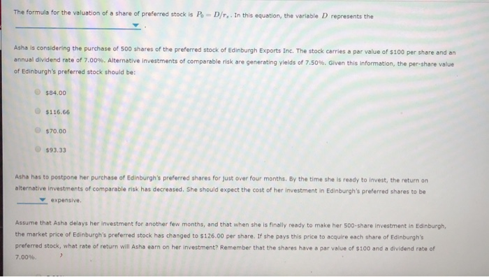 of equity. The following table lists severel characteristics of preferred stock. Determine
