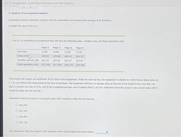  Ch 12. Assignment Cash Flow Estimation and Risk Analysis 3. Analysis
