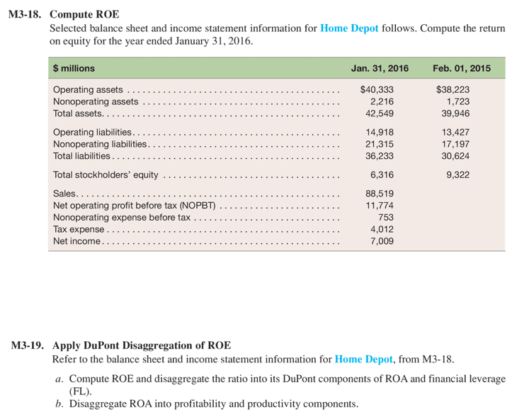 please answer in excel and show work M3-18. Compute ROE Selected balance
