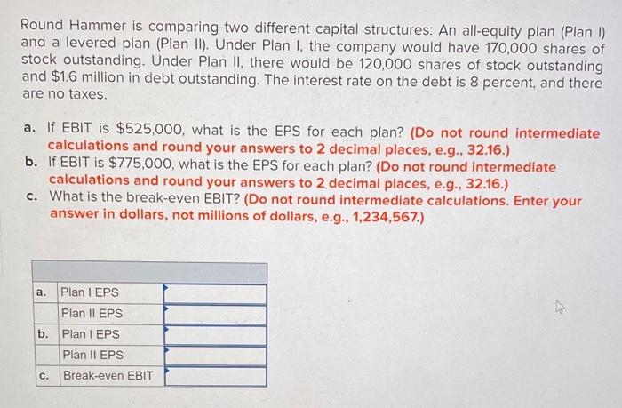  Round Hammer is comparing two different capital structures: An all-equity plan